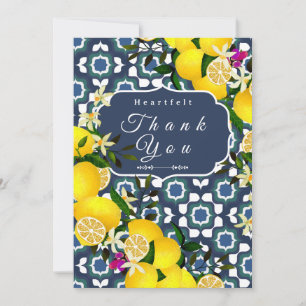 Lemon Mediterranean Tiles  Navy Blue White Thank You Card
