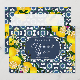 Lemon Mediterranean Tiles  Navy Blue White Thank You Card