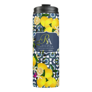Lemon Mediterranean Tiles  Navy Blue White Thermal Tumbler