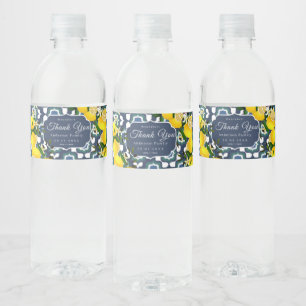Lemon Mediterranean Tiles  Navy Blue White Water Bottle Label