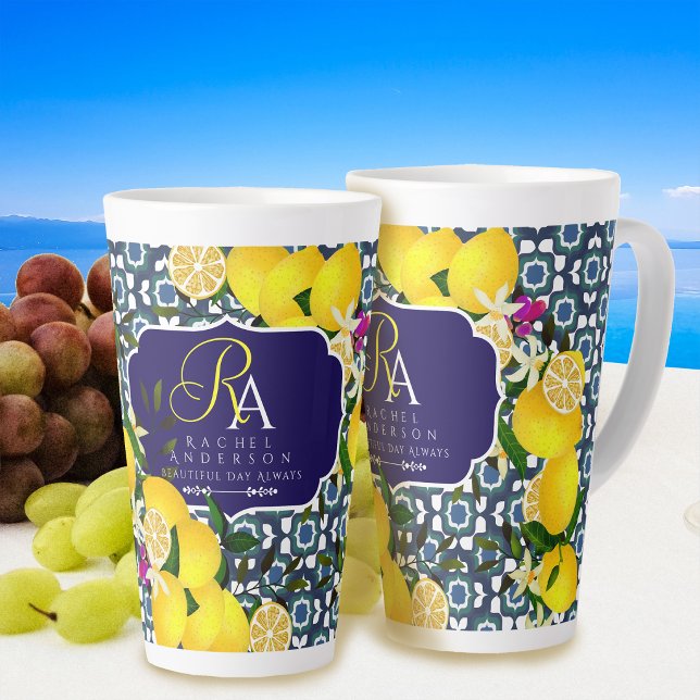 Lemon Mediterranean Tiles Navy Latte Mug (Lemon Mediterranean Tiles Navy Latte Mug)