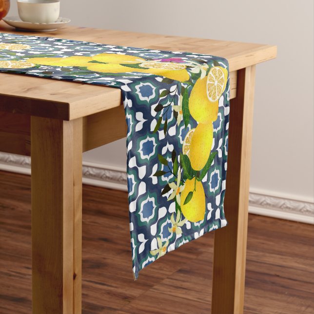 Lemon Mediterranean Tiles Navy Medium Table Runner (In Situ)
