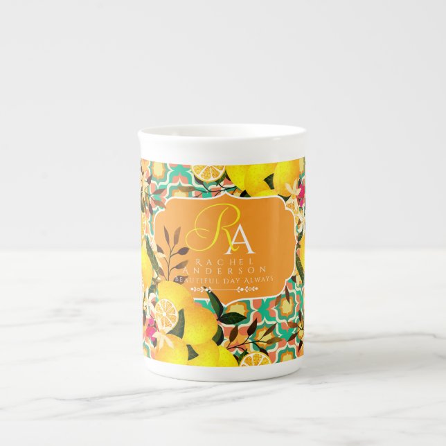Lemon Mediterranean Tiles  Orange Green Bone China Mug (Front)