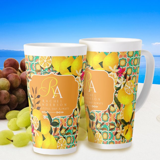 Lemon Mediterranean Tiles  Orange Green Latte Mug (Lemon Mediterranean Tiles Orange Green Latte Mug)