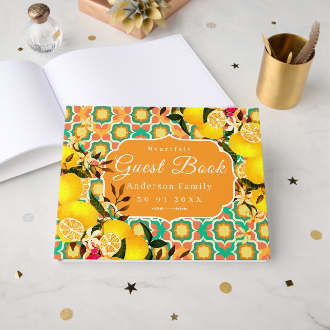 Lemon Mediterranean Tiles Orange Guest Book (Front Open)