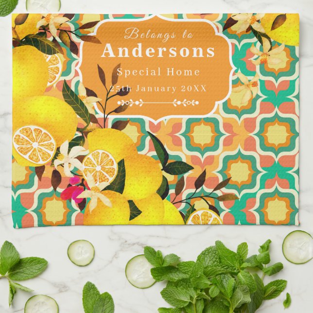 Lemon Mediterranean Tiles Orange Tea Towel (Folded)