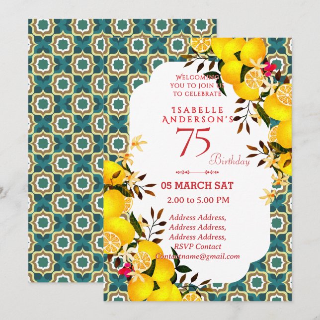 Lemon Mediterranean Turquoise 75th invitation (Front/Back)