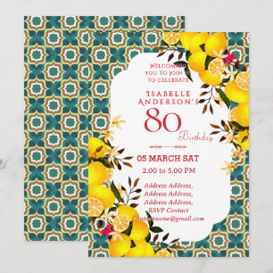 Lemon Mediterranean Turquoise 80th invitation