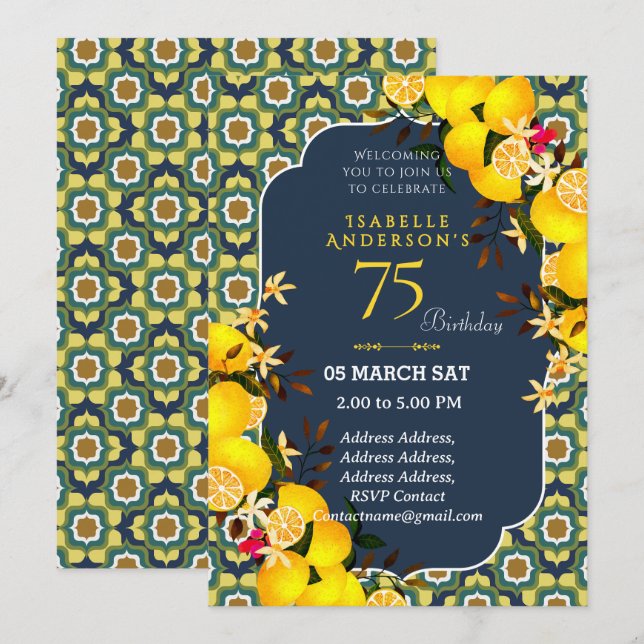 Lemon Mediterranean Yellow Blue 75th invitation (Front/Back)