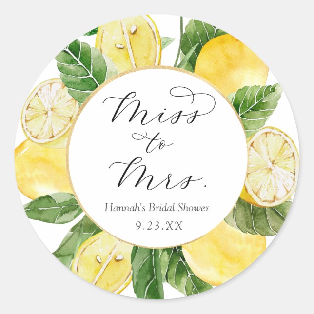 Lemon Miss to Mrs Bridal Shower Classic Round Sticker (Front)