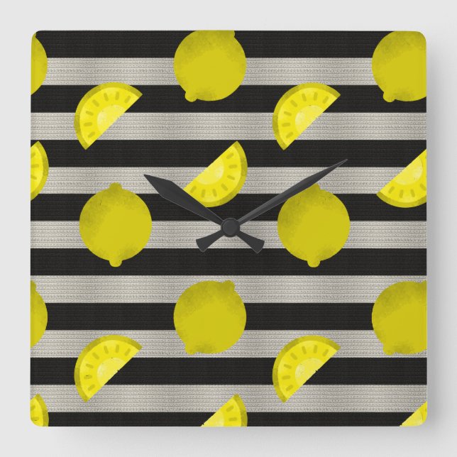 Lemon Modern Black & White Stripes Square Wall Clock (Front)
