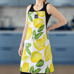 Lemon Monogram Botanical Yellow Green Apron<br><div class="desc">This monogram apron features a botanical lemon pattern with a navy band and a square for initial at the top.</div>