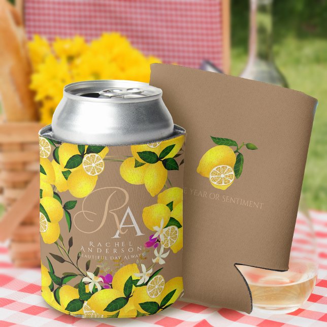 Lemon Monogram Brown Can Cooler (Lemon monogram brown can cooler for your friends or as a birthday ift.)