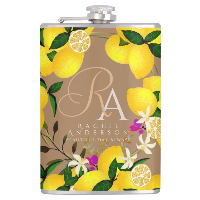 Lemon Monogram Brown Hip Flask (Front)