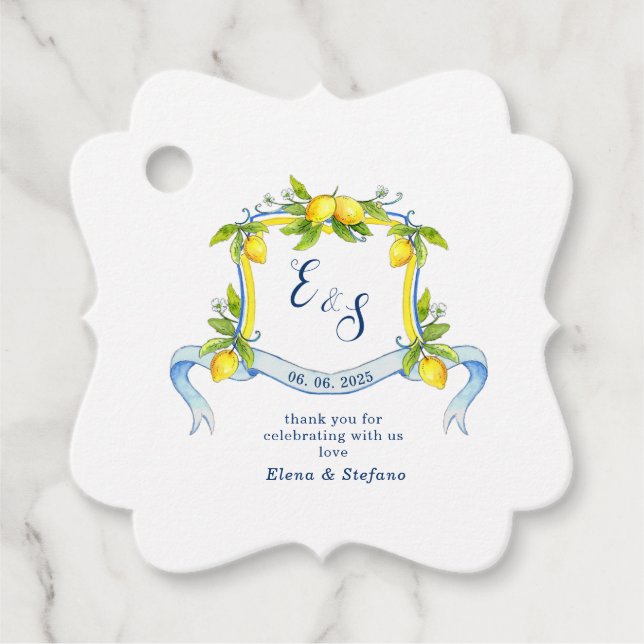 Lemon monogram Crest wedding Thank you  Favour Tag (Front)