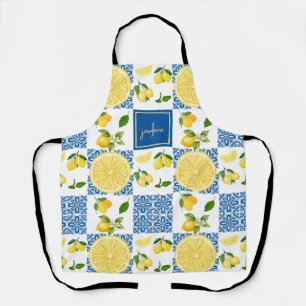 Lemon Monogram Name French Country Tile Pattern Apron