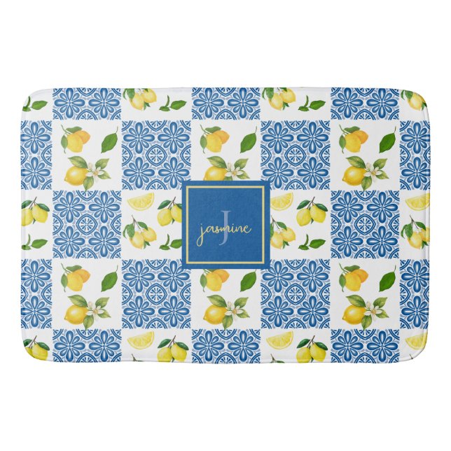 Lemon Monogram Name French Country Tile Pattern Bath Mat (Front)