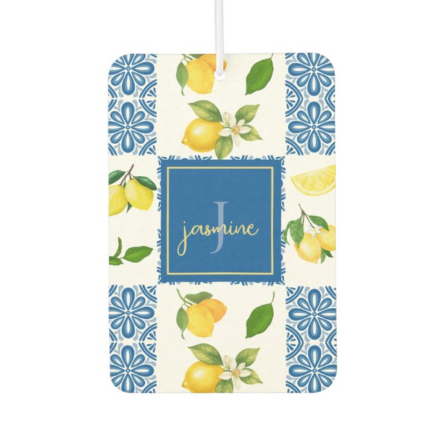 Lemon Monogram Name French Country Tile Pattern Car Air Freshener (Front)