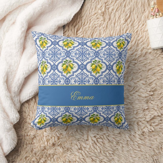 Lemon Monogram Name French Country Tile Pattern Cushion (Blanket)
