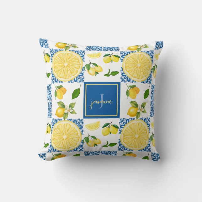 Lemon Monogram Name French Country Tile Pattern Cushion (Front)