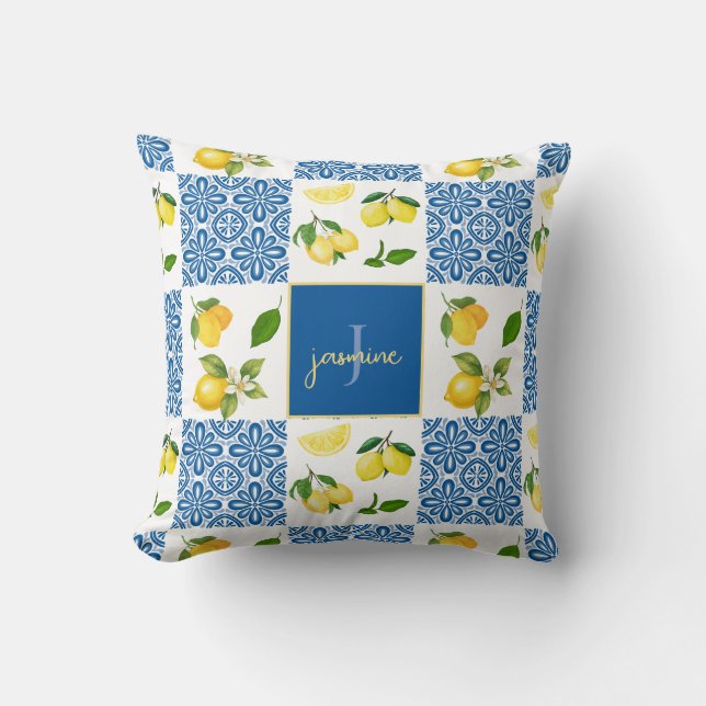 Lemon Monogram Name French Country Tile Pattern Cushion (Front)