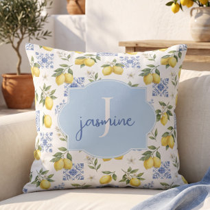Lemon Monogram Name French Country Tile Pattern Cushion