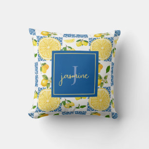 Lemon Monogram Name French Country Tile Pattern Cushion