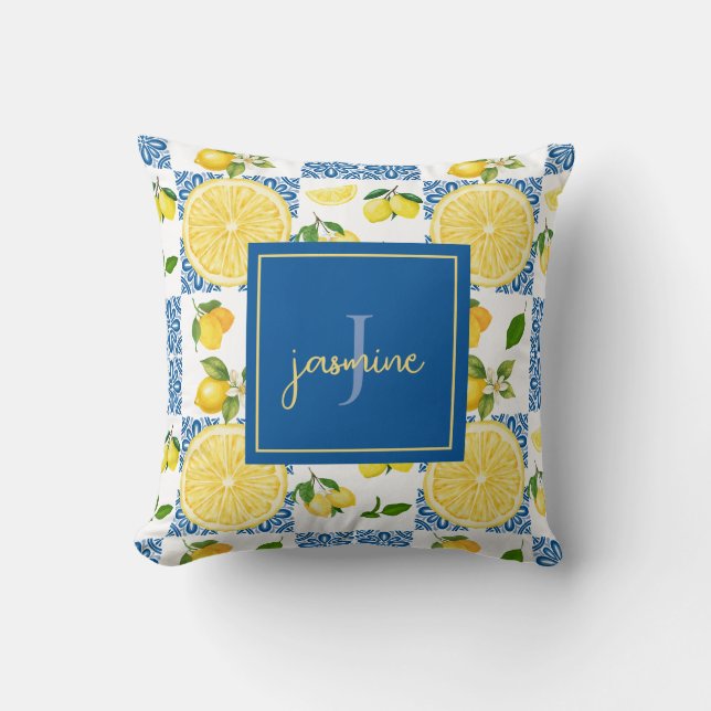 Lemon Monogram Name French Country Tile Pattern Cushion (Front)