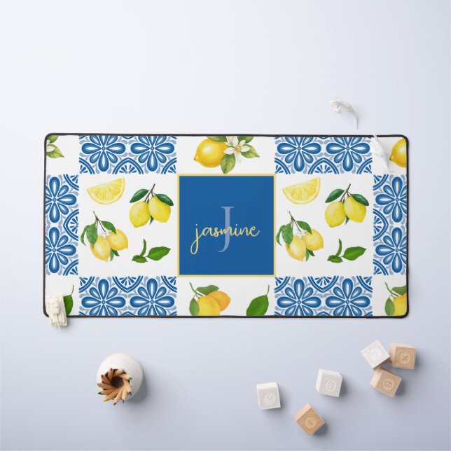 Lemon Monogram Name French Country Tile Pattern Desk Mat (Kids Table)