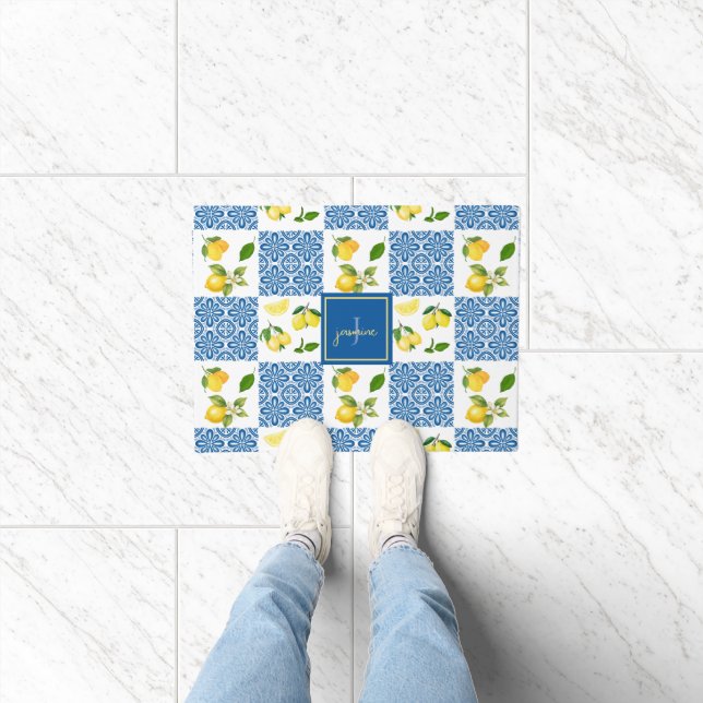 Lemon Monogram Name French Country Tile Pattern Doormat (Indoor)