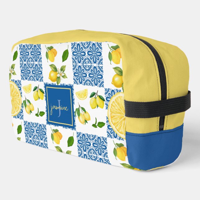 Lemon Monogram Name French Country Tile Pattern Dopp Kit (Left Corner)