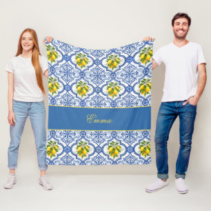 Lemon Monogram Name French Country Tile Pattern Fleece Blanket