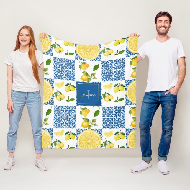 Lemon Monogram Name French Country Tile Pattern Fleece Blanket (In Situ)