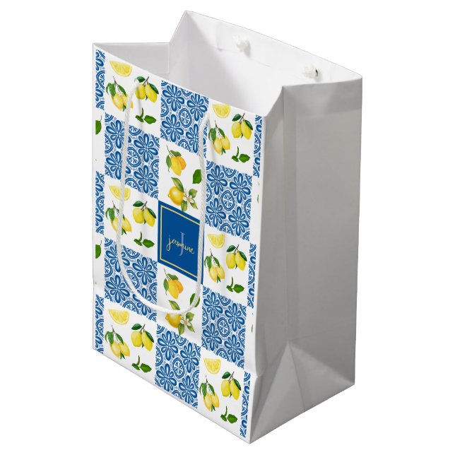 Lemon Monogram Name French Country Tile Pattern Medium Gift Bag (Front Angled)