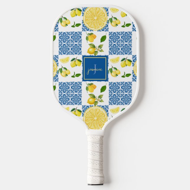 Lemon Monogram Name French Country Tile Pattern Pickleball Paddle (Front)