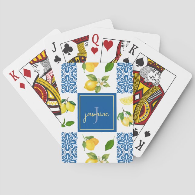 Lemon Monogram Name French Country Tile Pattern Playing Cards (Back)