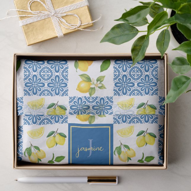 Lemon Monogram Name French Country Tile Pattern Tissue Paper (Gift)