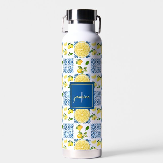Lemon Monogram Name French Country Tile Pattern Water Bottle (Front)