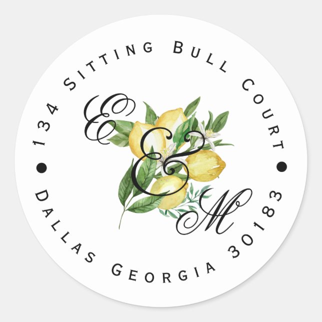 Lemon Monogram Return Address Classic Round Sticker (Front)