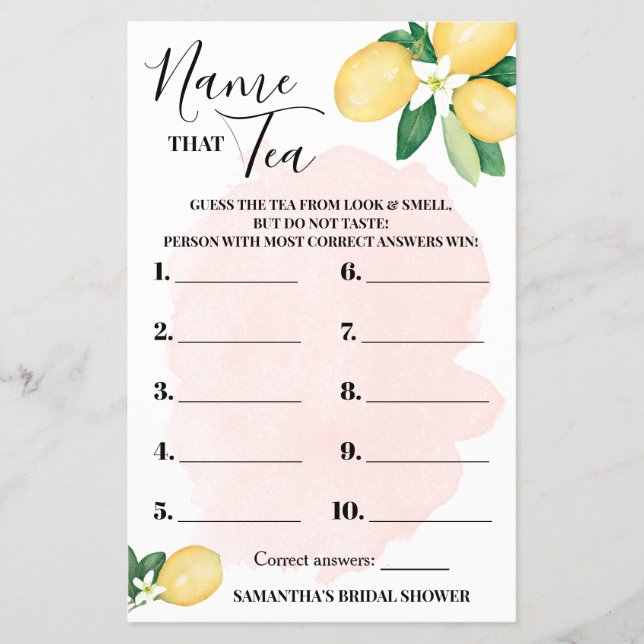 Lemon Name that Tea Pink Bridal Shower Game Card (Front)