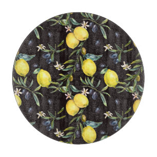 Lemon, olive branches: watercolor pattern. cutting board