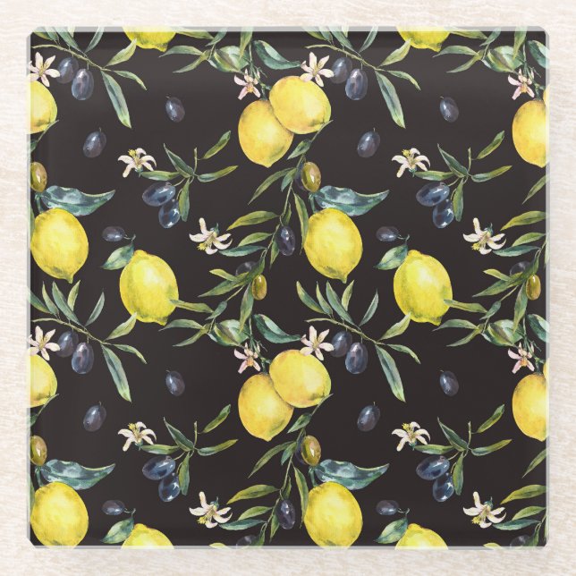 Lemon, olive branches: watercolor pattern. glass coaster (Front)