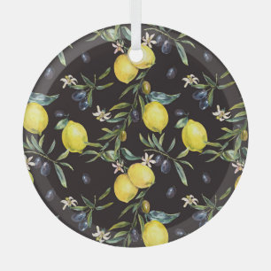 Lemon, olive branches: watercolor pattern. glass tree decoration