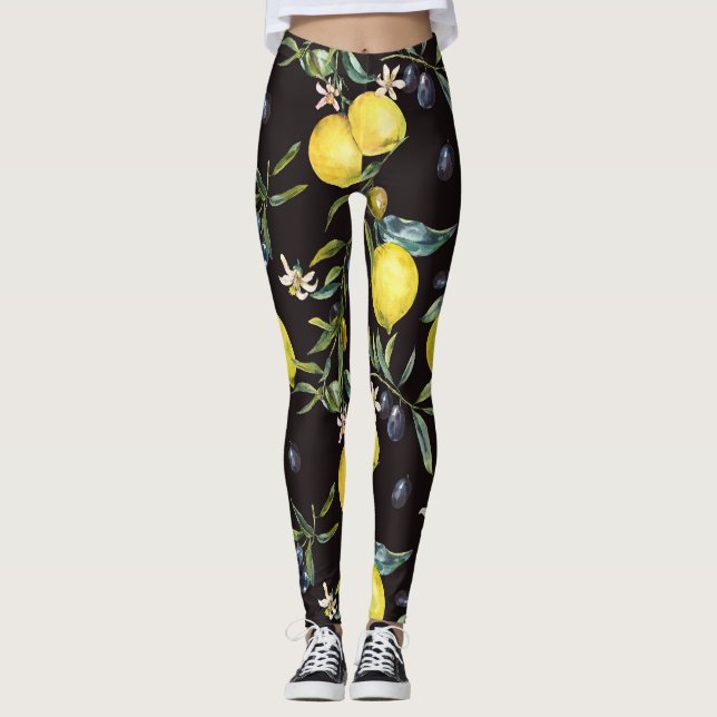 Lemon, olive branches: watercolor pattern. leggings (Front)