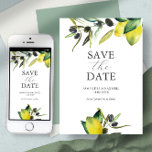 Lemon Olive Save The Date Modern Watercolor<br><div class="desc">Announce your engagement with this modern save the date card. It features a mix of classic and script typography with a boarder of my original watercolor yellow lemons and olive branches on a crisp white background. The card reverses to a complimentary sage green colour. The colours can be customised to...</div>