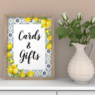 Lemon on blue tiles Cards and Gifts Sign