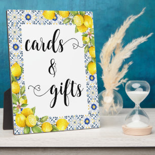 Lemon on blue tiles Cards and Gifts Sign Plaque
