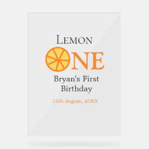 Lemon one happy 1st birthday orange grey retro boh acrylic sign