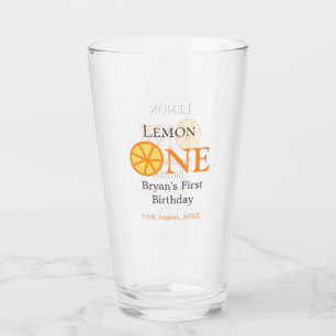 Lemon one happy 1st birthday orange grey retro boh glass