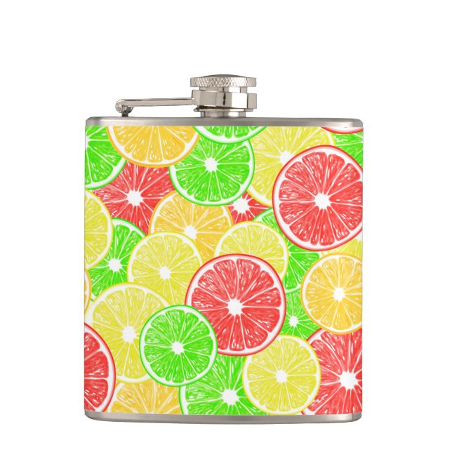 Lemon, orange, grapefruit and lime slices pattern hip flask (Front)